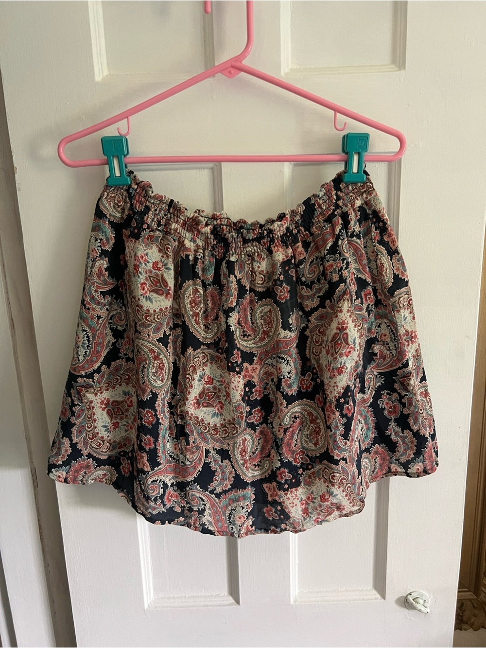 Womens Navy Blue & Pink Paisley Elastic Waist Pleated Mini Skirt